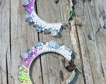 Beaded Medium Size Hoops White and Neon