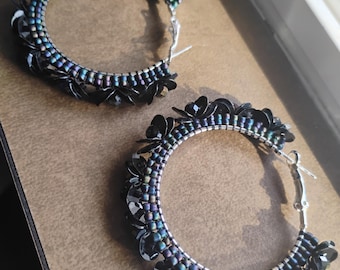 Beaded Hoops Large Size Shimmering Black || Native Beadwork