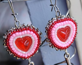 Beaded Mini Heart Dangle Earrings Pink || Native American Beadwork || Indigenous Beaded Jewelry || Surgical Steel Earrings