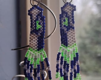 Beaded Hawks Earrings Blue and Green || Native Beadwork || Handmade Dangle Earrings