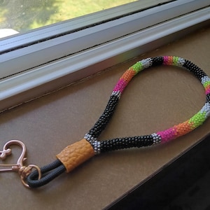 Beaded Wristlet Keychain || Frosted Neon Beads || Rose Gold Heart Key Ring || Native Beadwork Wristlet