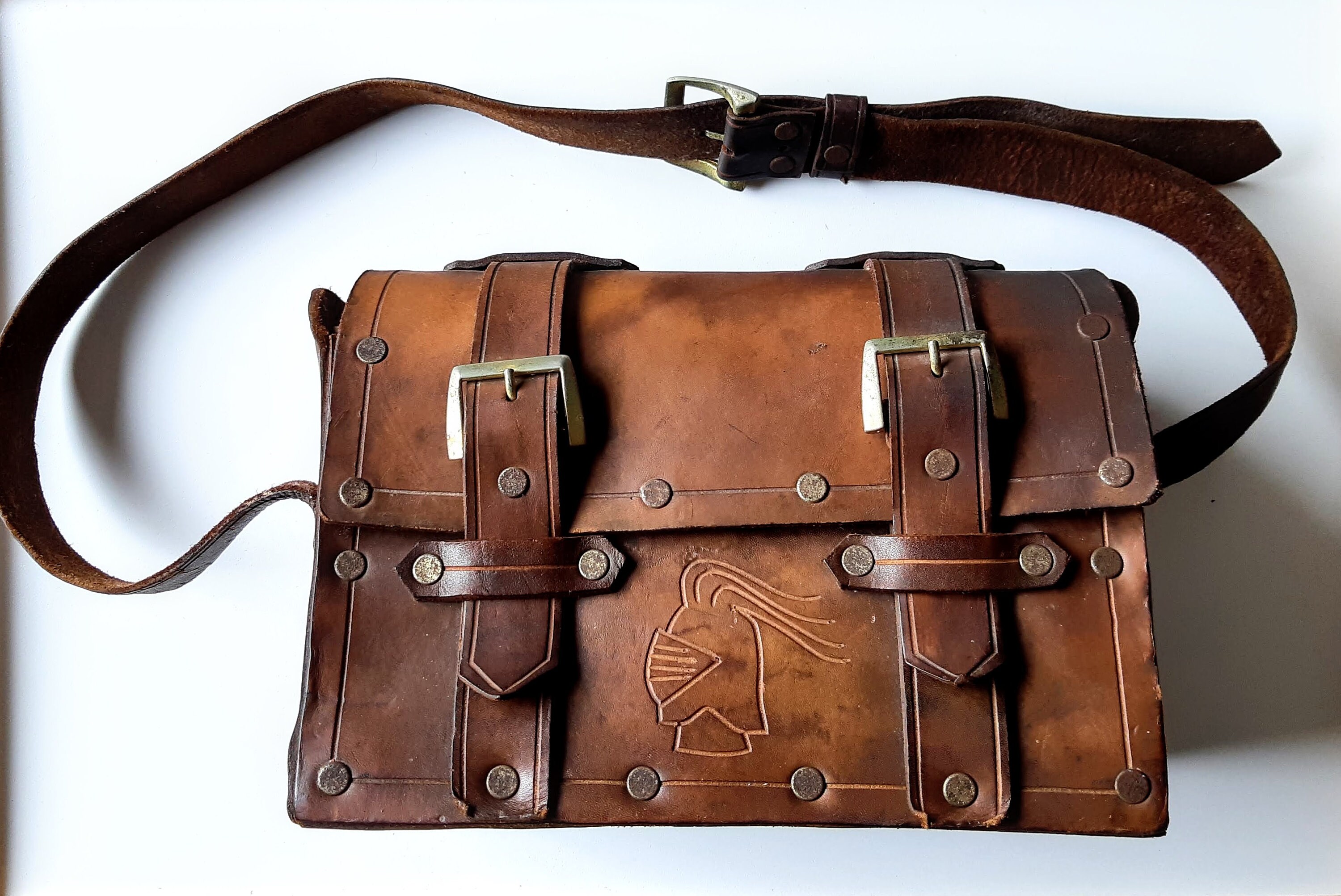 Antique Rustic Hand Crafted Messenger Shoulder Bag Hand Tooled With a Knight and 2 Shields Patterns Heavy Duty Leather Bag Rare Find Bag Etsy