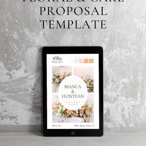May include: A digital tablet mockup displaying a floral and cake proposal template. The template features a floral design proposal for a wedding with the text "Bianca & Huistean" and "Floral Design Proposal". The template also includes a color palette and a date.