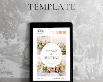 Op de afbeelding: Een digitale tablet mockup die een sjabloon voor een bloemen- en taartvoorstel toont. De sjabloon bevat een voorstel voor bloemendesign voor een bruiloft met de tekst "Bianca & Huistean" en "Floral Design Proposal". De sjabloon bevat ook een kleurenpalet en een datum.