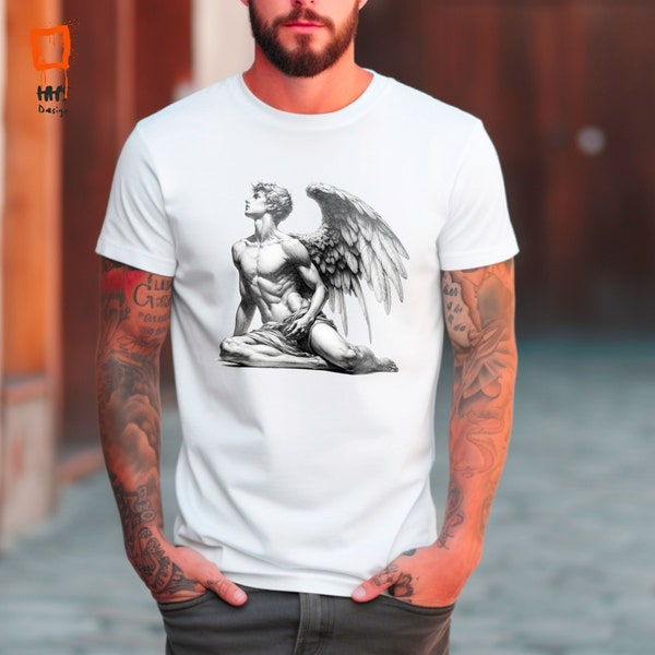 Sculpted Angel Warrior T-Shirt - Majestic Winged Hero Graphic Tee, Classical Art Design, Men's Mythical Figure Top