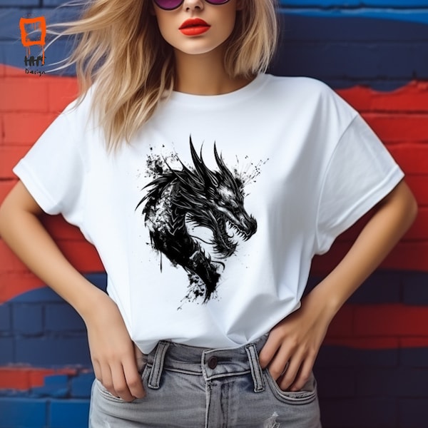 Dragon T-Shirt, Black Ink Splash, Mythical Creature Tee, Fantasy Art Top, Unisex Streetwear, Edgy Fashion, Abstract Dragon Design, Gift Idea