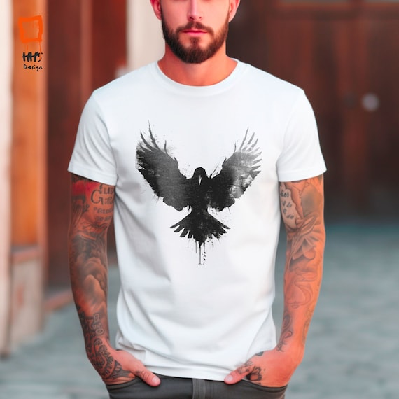 T-shirt con uccelli splatter di inchiostro, maglietta con corvo