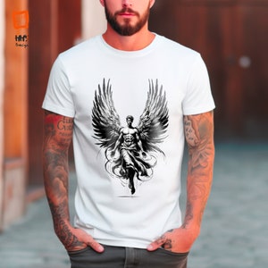 Camiseta de guerrero angelical: camiseta monocromática con alas de ángel guardián