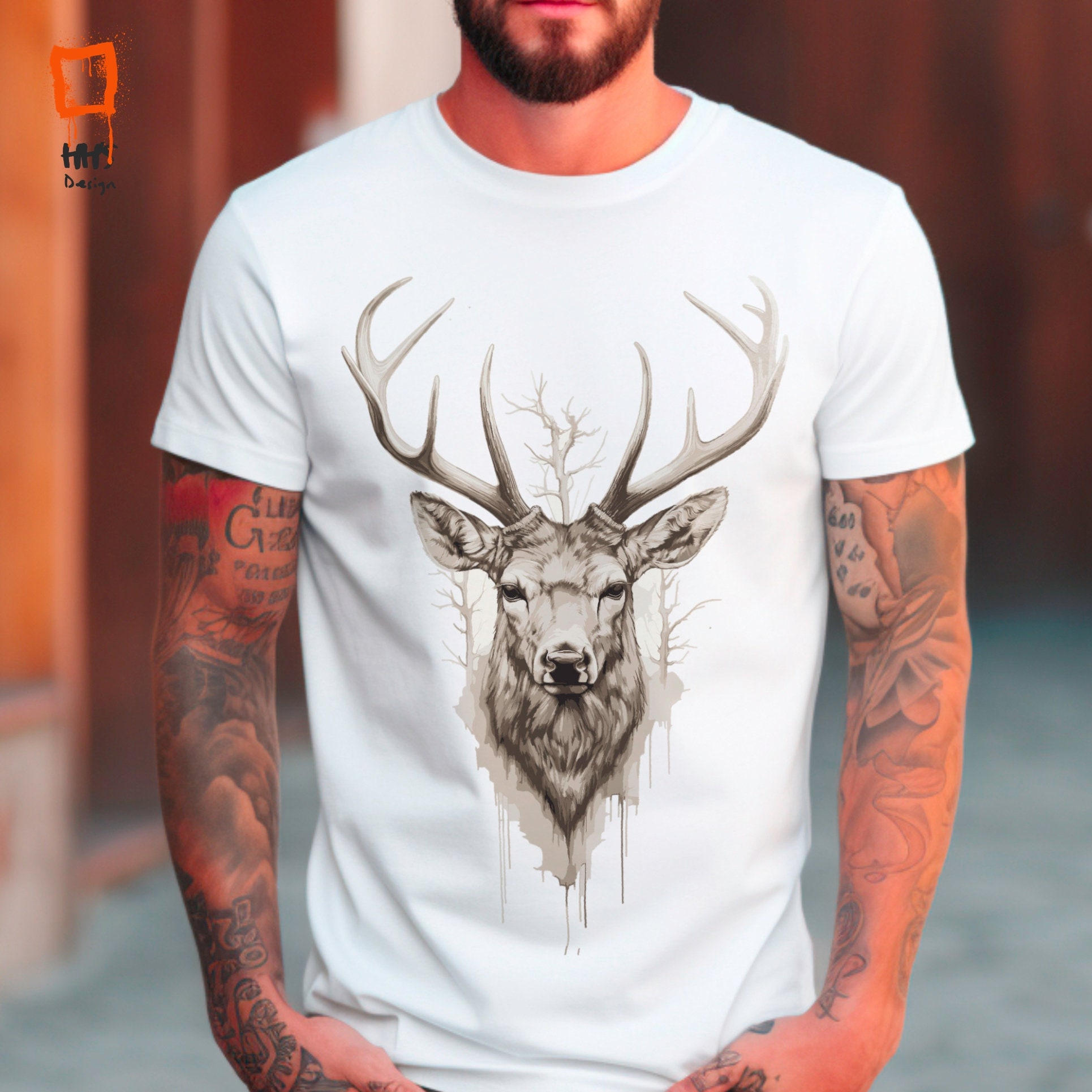 T-shirt Femme Col V - Motif Cerf Et Forêt - Pour Amoureux Des Animaux, Chasseurs, Nature - Cadeau Idéal