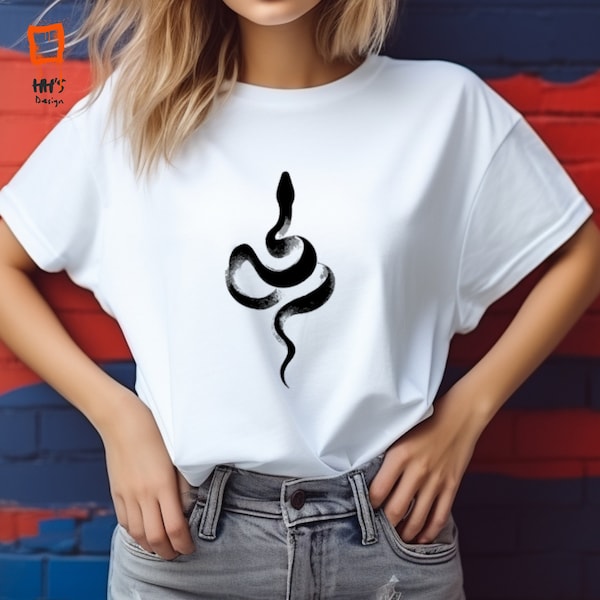 T-shirt blanc unisexe avec illustration abstraite de serpent - T-shirt d'art de serpent moderne - Chemise graphique de serpent contemporaine - Vêtements de loisirs artistiques