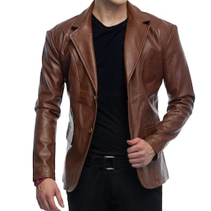 Men Genuine Soft Lambskin Leather Blazer Jacket Two Button Party Coat Premium Leather Blazer Jacket Coat Car Coat for Everyday Wear in Brown
