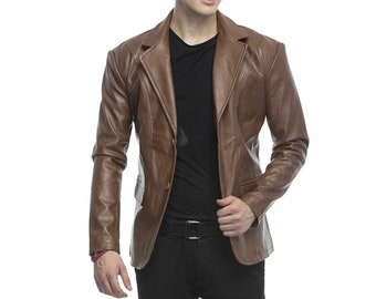 Men's Genuine Soft Lambskin Leather Blazer Jacket Two Button Party Coat, Premium Leather Blazer Jacket Coat Car Coat for Everyday Wear Brown