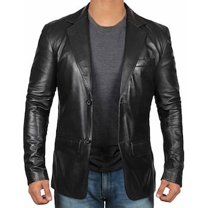 Blazer en cuir d'agneau véritable 100 % cuir, veste douce à deux boutons pour homme, veste blazer en cuir de qualité supérieure, manteau de voiture pour un usage quotidien en noir