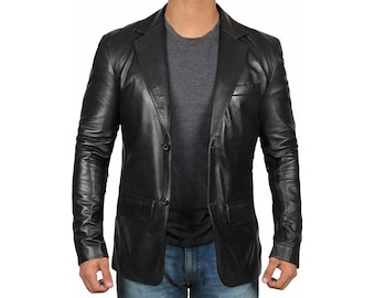 Men Genuine Lambskin 100% Leather Blazer Soft Two Button Coat Jacket, Premium Leather Blazer Jacket Coat Car Coat for Everyday Wear in Black