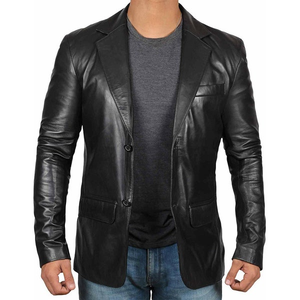 Men Genuine Lambskin 100% Leather Blazer Soft Two Button Coat Jacket, Premium Leather Blazer Jacket Coat Car Coat for Everyday Wear in Black