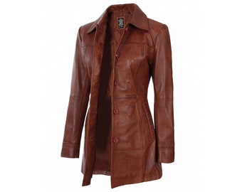 Abrigo de chaqueta de cuero para mujer, chaqueta de cuero encerado de coñac para mujer, chaqueta de cuero elegante de otoño para mujer, hermosa chaqueta de mujer, regalo para ella