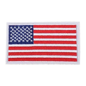 May include: Embroidered patch featuring the American flag. The rectangular patch has a white border, a blue canton with white stars, and red and white stripes. Ideal for jackets, bags, or other fabric items.