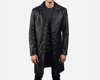 Men Genuine Lambskin Leather Trench Coat for Winter Knee Length Long Jacket Coat Black, Men Long Coat, Gift for Him, Leather Jacket in Black