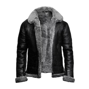 Men&#39;s Black RAF B3 Bomber Aviator Genuine Sheepskin Leather Jacket Faux Fur Shearling Aviator Jacket Military Style Jacket Men Jacket Black