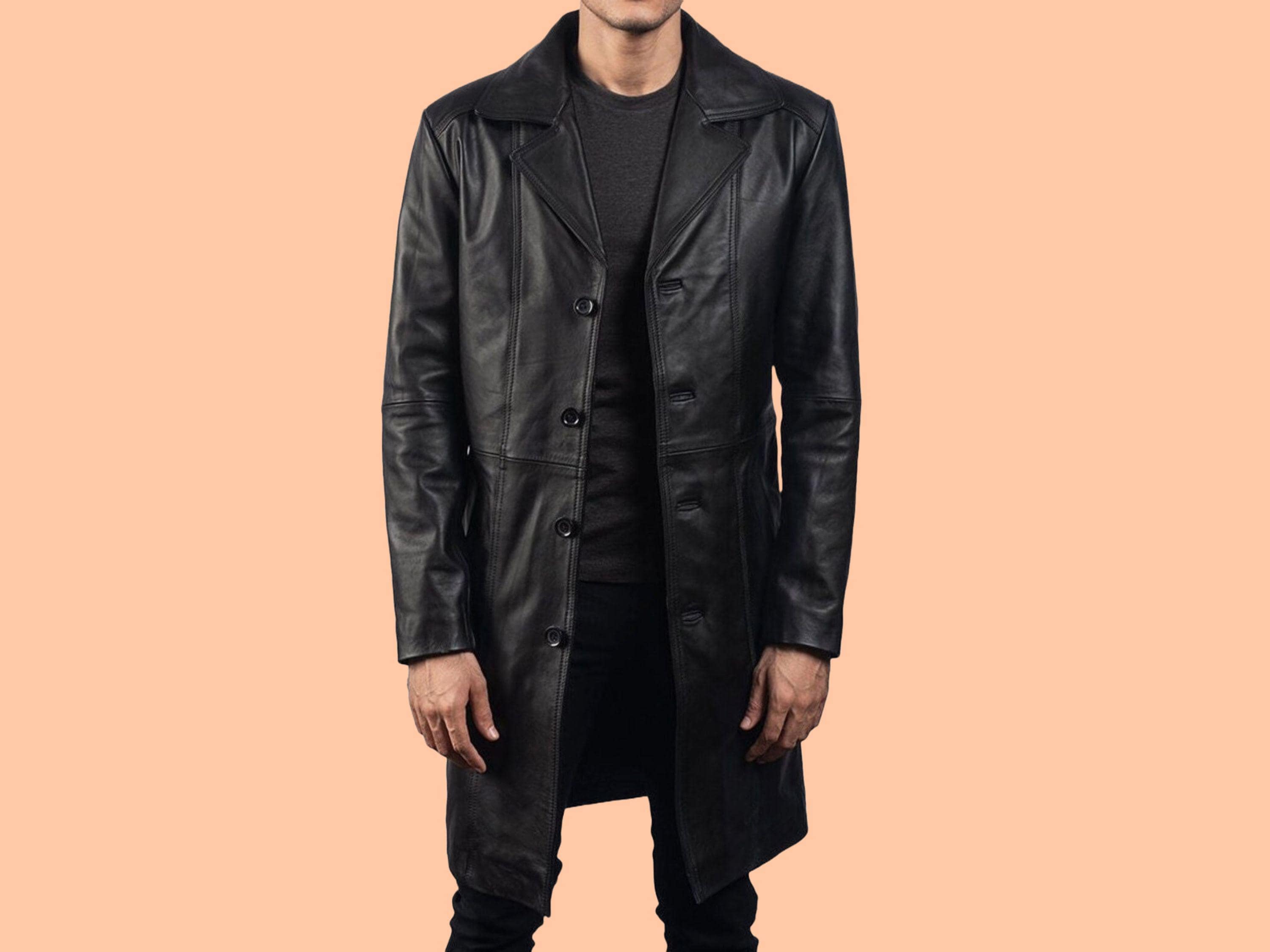 Lambskin Trench Coat Mens Black Real Leather Duster Over Coat
