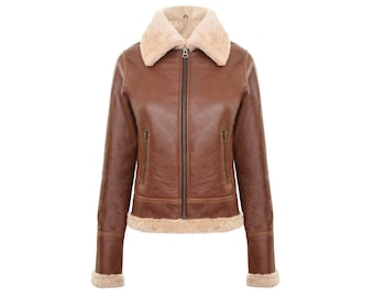 Women's Brown B3 WW2 Cognac Brown Real Thick Sheepskin Leather Flying Aviator Jacket Fall Warm Stylish Leather Jacket for Women Gift For Her