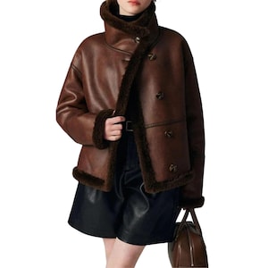 Women&#39;s Real Leather Aviator Pilot RAF B3 Bomber Jacket - Brown Shearling Flying Coat - Gift for her - Real Sheepskin Winter Coat for Ladies