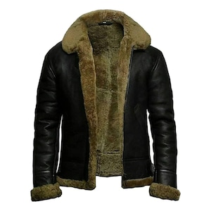 Men&#39;s Black RAF B3 Bomber Aviator Genuine Sheepskin Leather Jacket Faux Fur Shearling Military Style Stylish Vintage Warm Jacket in Black