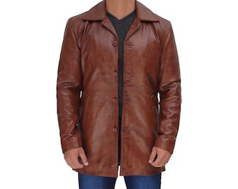 Men Genuine Lambskin 100% Leather Coat Soft Four Button Coat Jacket, Premium Leather Blazer Jacket Coat, Car Coat for Everyday Wear in Brown