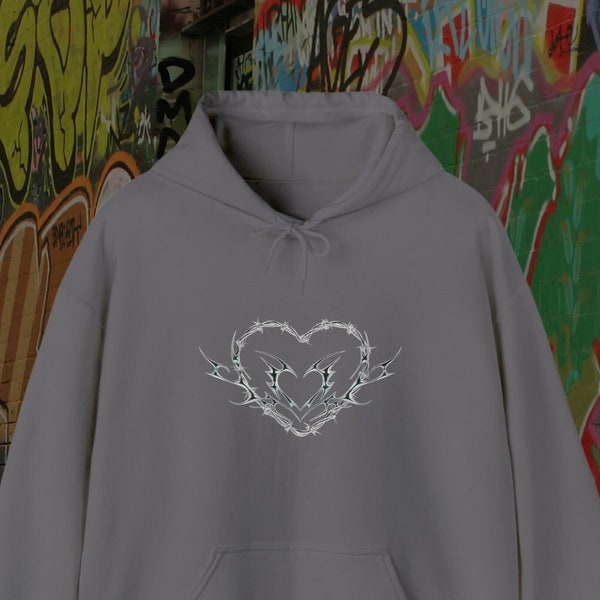 Chrome Heart Hooded Sweatshirt, Heart Fashion Hoodie, Barbed Wire Hoodie, Y2k Streetwear Fashion, Grunge Hoodie, Hoodie, Alt Fashion Hoodie