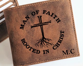 Personalized Leather Wallet – “Man of Faith, Rooted in Christ” Engraving – Custom Initials, Rustic Brown Bifold, Christian Gift for Men