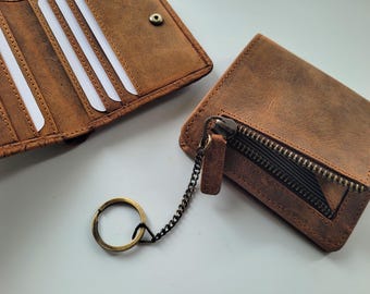LEATHER KEYCHAIN WALLET | Genuine waxed leather Keychain Credit Card cash Holder Coin Pouch | gift idea | Gifts Her Him rustic rugged