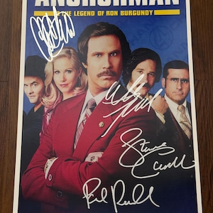 Anchorman, Signed Movie Poster, Autographed by Will Ferrell, Christina Applegate, Paul Rudd, and Steve Carell Poster with COA