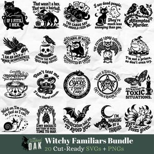 May include: A collection of 20 black and white digital graphic designs featuring occult and animal themes with humorous text. Illustrations include cats, ravens, owls, frogs, spiders, moths, bats, snails, and foxes with phrases like If I Fits I Hex.
