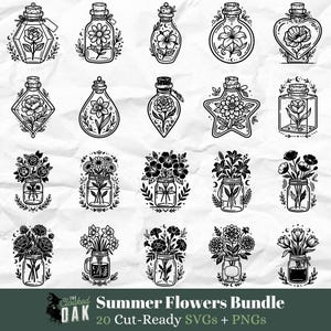 Boho Summer Flower SVG Bundle, Glass Vial and Mason Jar Line Art, Black and White Botanical Vector Clipart