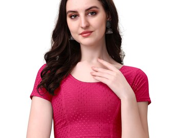 Rasaniya Round Neck Dobby Cotton Lycra Stretchable Short Sleeve Readymade Saree Blouse for Women