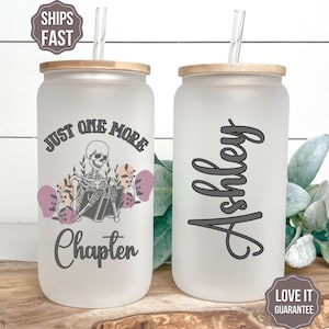 Personalized Book Lover Glass Cup - Gift For Book Lover Glass Tumbler - Reader Gift Iced Coffee Cup Bookish Gift For Christmas Just One More