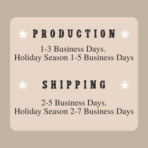Puede incluir: Gr&aacute;fico beige con las palabras "PRODUCTION" y "SHIPPING" en letras oscuras y en negrita. Debajo de cada palabra hay detalles sobre los d&iacute;as h&aacute;biles y los plazos de la temporada navide&ntilde;a.