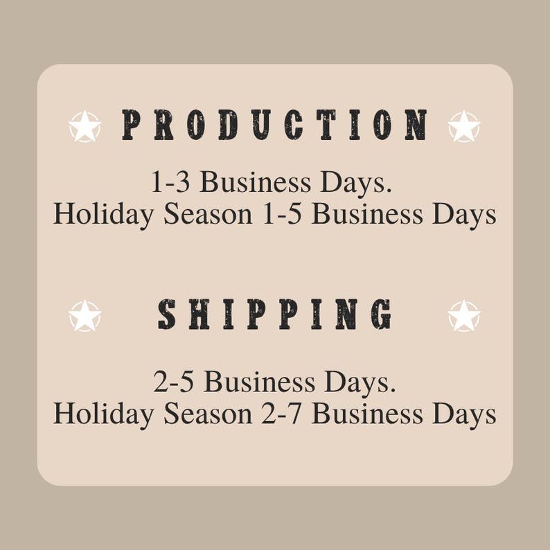 Puede incluir: Gr&aacute;fico beige con las palabras "PRODUCTION" y "SHIPPING" en letras oscuras y en negrita. Debajo de cada palabra hay detalles sobre los d&iacute;as h&aacute;biles y los plazos de la temporada navide&ntilde;a.