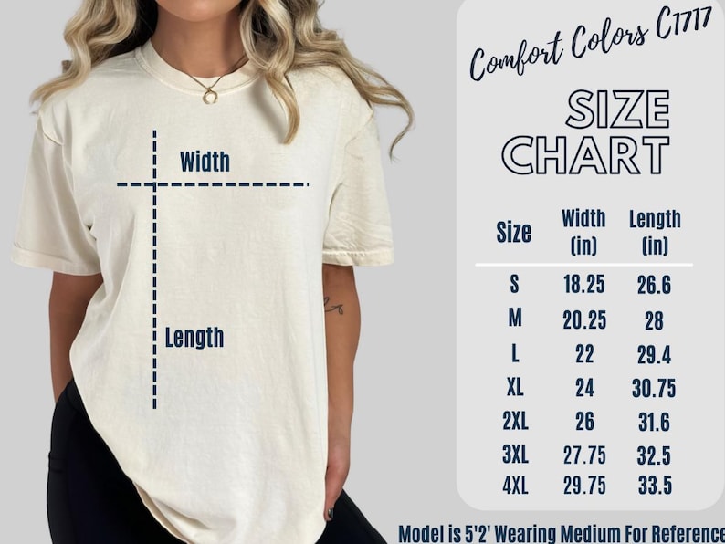 以下が含まれることがあります： クリーム色のTシャツ。サイズチャートには、幅と長さの測定値がインチで記載されています。チャートにはSから4XLまでのサイズがリストされています。「Comfort Colors C1717」の文字が上部にあります。