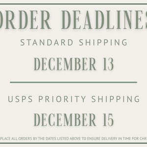 May include: A cream-colored graphic with the text "ORDER DEADLINES" in a green serif font. It lists December 13 as the deadline for standard shipping and December 15 for USPS priority shipping. The text "PLEASE PLACE ALL ORDERS..." is at the bottom.