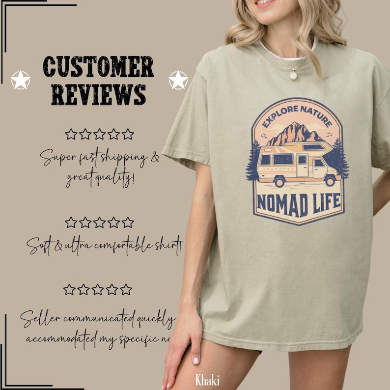 Puede incluir: Camiseta color caqui con un gr&aacute;fico de una furgoneta camper, las palabras "EXPLORE NATURE" y "NOMAD LIFE". Rese&ntilde;as de clientes se muestran a la izquierda. La camiseta est&aacute; hecha de un material suave y c&oacute;modo.