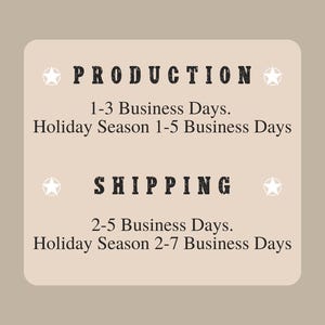 May include: A beige rectangular graphic with the words "PRODUCTION" and "SHIPPING" in bold, dark text. The graphic also includes text indicating business days for production and shipping, with different timeframes for the holiday season.
