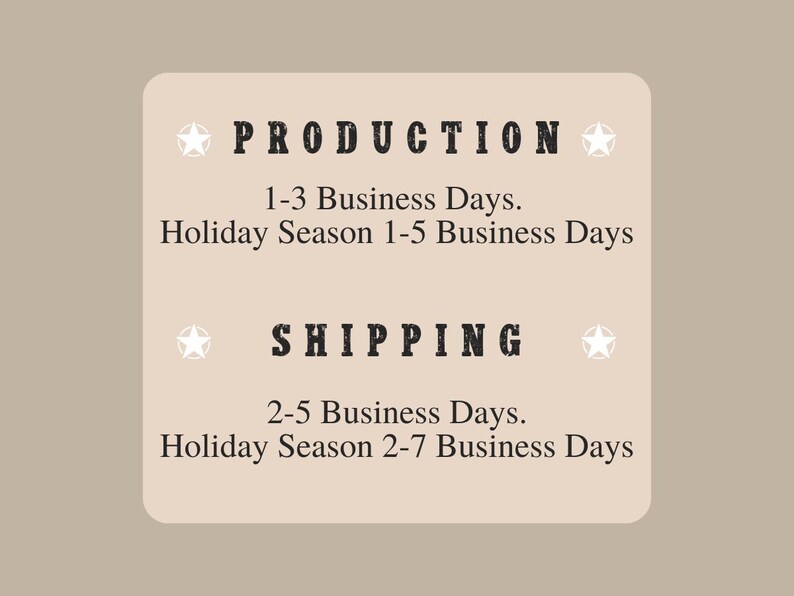 May include: A beige rectangular graphic with the words "PRODUCTION" and "SHIPPING" in bold, dark text. The graphic also includes text indicating business days for production and shipping, with different timeframes for the holiday season.