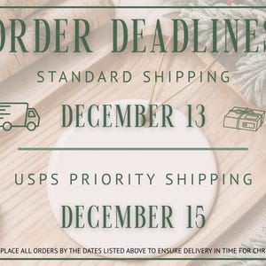 Op de afbeelding: Afbeelding met tekst over besteldeadlines voor Kerstmis. De deadline voor standaard verzending is 13 december, en voor USPS Priority Shipping is 15 december. De tekst is groen op een houten achtergrond.