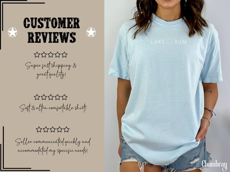 K&ouml;nnte beinhalten: Hellblaues T-Shirt mit dem wei&szlig;en Text "LAKE BUM". Das kurz&auml;rmelige Shirt scheint aus einem weichen Material zu sein. Das Bild zeigt auch Kundenbewertungen mit Sternen und Text.
