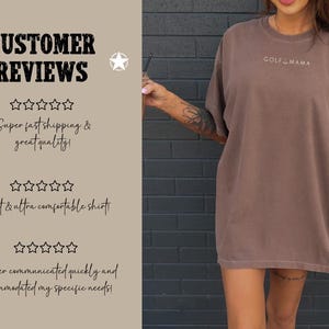 K&ouml;nnte beinhalten: Ein braunes Oversize-T-Shirt mit dem Aufdruck "GOLF MAMA" auf der Vorderseite. Das Shirt ist aus weichem, bequemem Stoff.