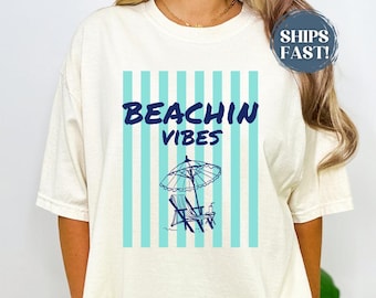 Beach Summer Graphic T-shirt | Retro Striped Beach Design Positive Tshirt For Women Summer Comfort Colors Tee