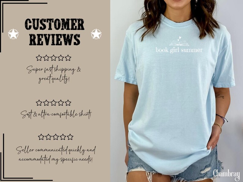 May include: Light blue t-shirt with the text "book girl summer" in white. The shirt has a relaxed fit and short sleeves. The image also shows customer reviews.