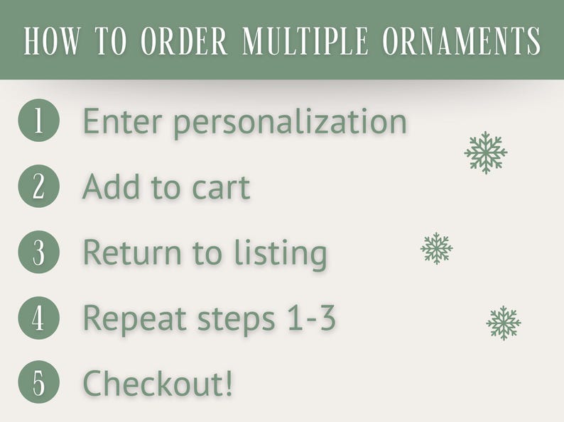 May include: A graphic with instructions on how to order multiple ornaments. The text reads: "HOW TO ORDER MULTIPLE ORNAMENTS" followed by numbered steps: Enter personalization, Add to cart, Return to listing, Repeat steps 1-3, and Checkout!