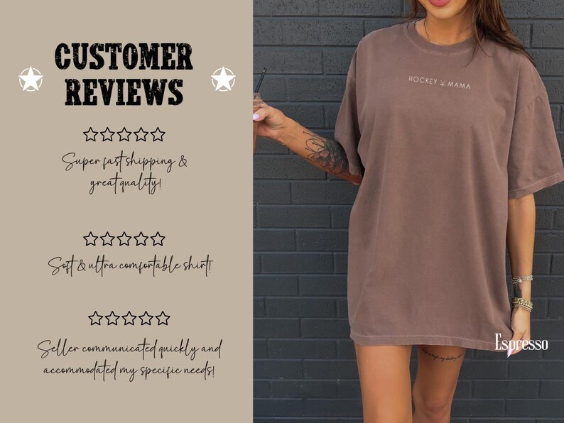May include: A brown oversized t-shirt with the text "HOCKEY & MAMA" printed on the front. The shirt is being modeled by a person. The background is a brick wall.